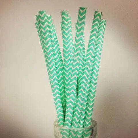 Aqua Chevron Paper Drinking Straws - My Wedding Store 