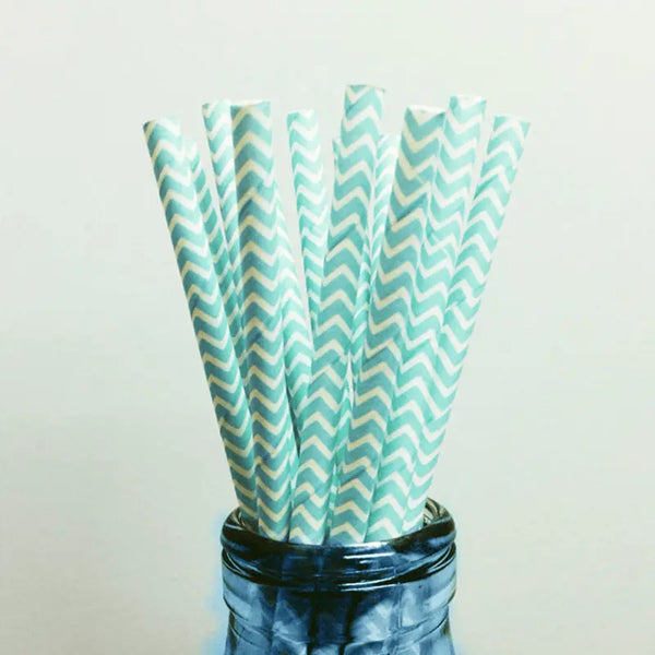 Baby Blue Chevron Paper Drinking Straws - My Wedding Store 