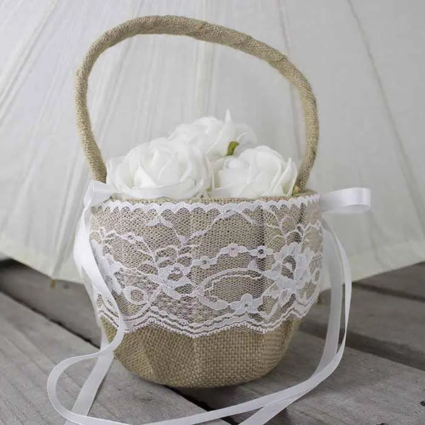 Burlap and Lace Flower Girl Basket - My Wedding Store