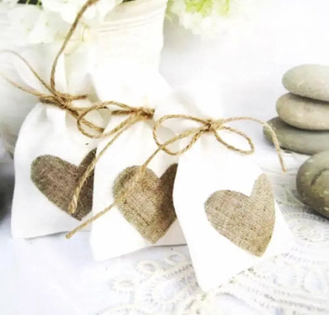 White Linen Bags with Burlap Heart and Twine - 10 Pcs - My Wedding Store
